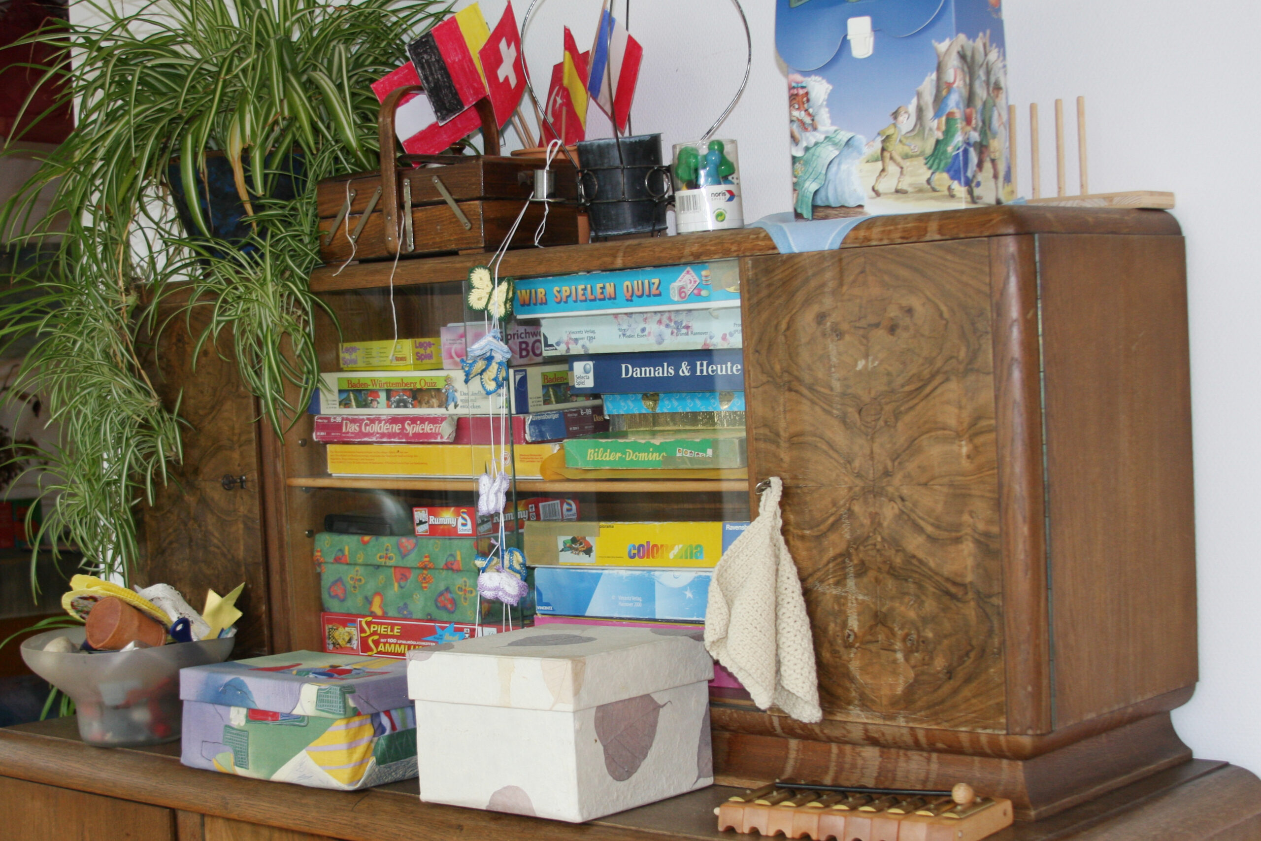 Spielesammlung und Pflanzen auf Holzschrank