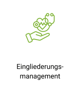 Symbol für Eingliederungsmanagement: Hand, Herz, Stethoskop.
