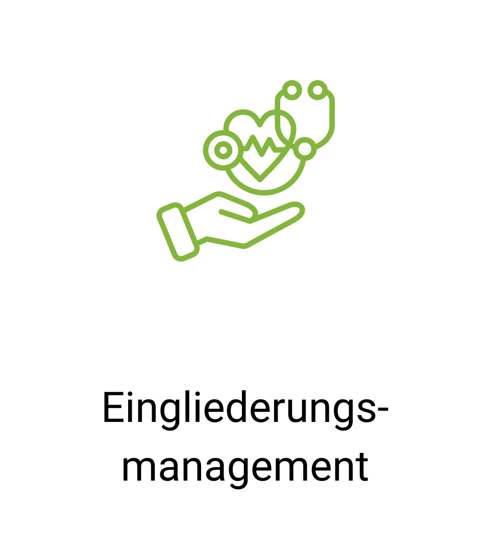 Symbol für Eingliederungsmanagement: Hand, Herz, Stethoskop.